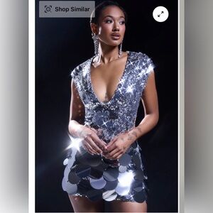 AKIRA Silver Sequin Plunge Mini Dress
